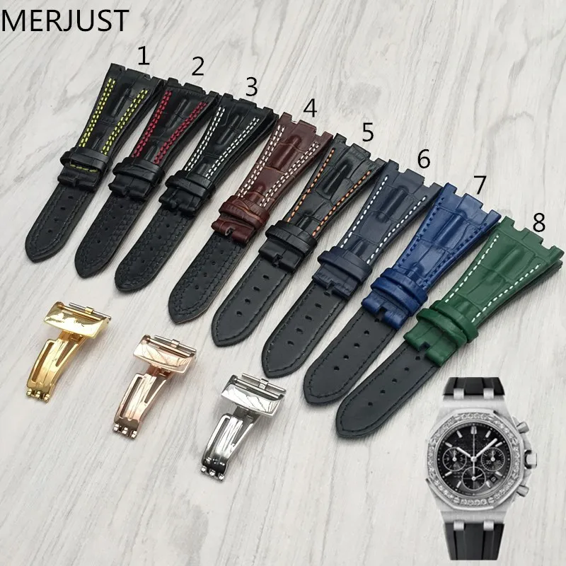 

MERJUST Quality genuine leather watchband 28mm brown green blue black bracelet replacement leather watch strap for men for AP