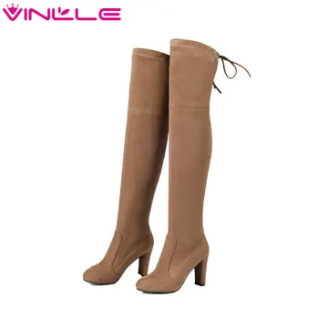 

VINLLE 2020 Woman Boots Over The Knee Boots Sexy Square High Heel Solid Women Shoes Winter Warm Long Solid Boots Size 34-43