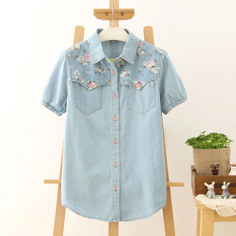 

2017 Summer Denim Shirt Women Short Sleeve Women Blouses Tops Female Floral Print Casual Shirt Jeans Blusas Femininas