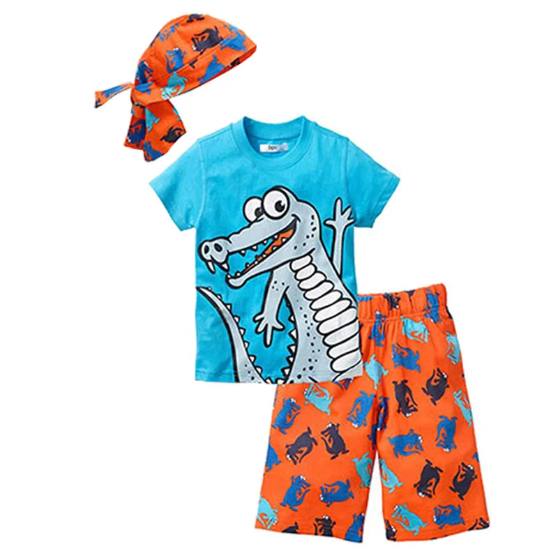 Детская одежда Новинка года, летний Повседневный Спортивный костюм в пляжном стиле с героями мультфильмов комплект из 3 предметов, футболка с шапкой и штаны комплект одежды для маленьких мальчиков