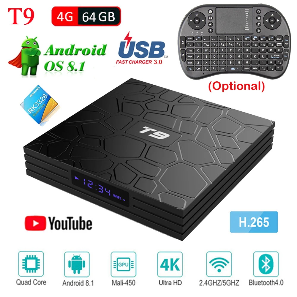 

T9 TV Box Android 8.1 4GB 64GB RK3328 Quad-Core 4K HD Wifi BT4.0 USB3.0 Smart TV Box 4K Google Play Store Netflix Youtube TV Box
