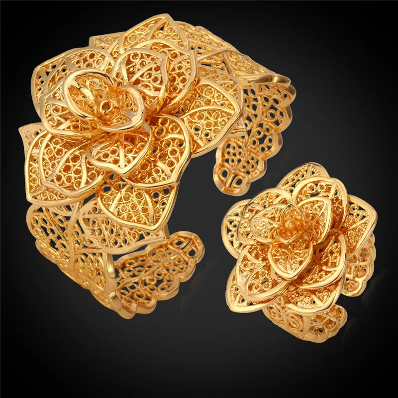 Женский ювелирный комплект из браслета и кольца с цветами|fashion jewelry set|jewelry setsjewelry