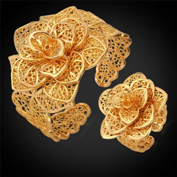 

Gold Color Cuff Bracelet Ring Set For Women Luxury Flowers Wedding Flora Fashion Jewelry Sets HR483