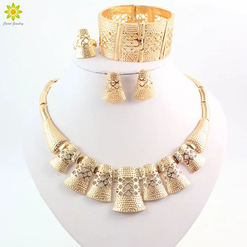 

Gold Color Jewelry Sets For Women Necklace Earrings Bracelet Rings Sets Fine African Beads Party Wedding Accessories