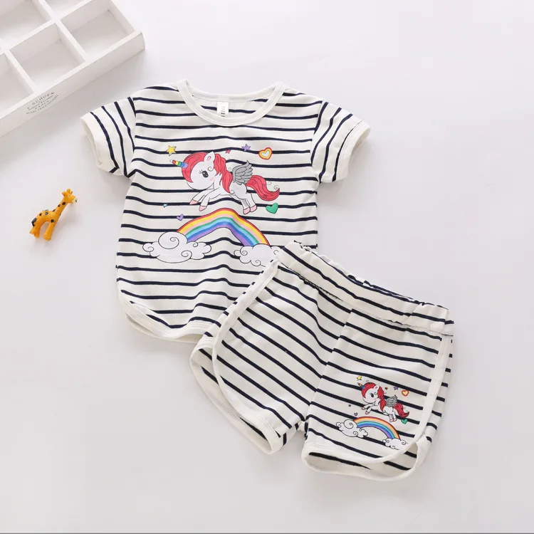 2019 Girls Cartoon Rainbow Unicorn Clothing Sets Children's Striped Short Sleeve T-Shirt + Shorts Kid Set Girls Clothes 2019 Girls Cartoon Rainbow Unicorn Clothing Sets Children's Striped Short Sleeve T-Shirt + Shorts Kid Set Girls Clothes