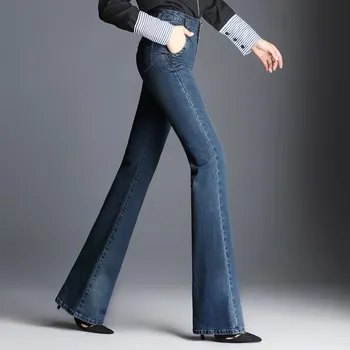 

2018 New Women Flare Jeans Skinny Blue Zipper Washed Retro Wide Leg Jeans Autumn Winter Big Size Denim Trousers