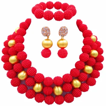 

Fashion Red Simulated Pearl Necklace Nigerian Wedding African Beads Jewelry Set for Women 3ZJL14