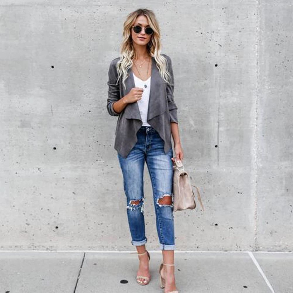 Women Faux Suede Jacket Female Long Sleeve Fabala Blazer Lapel Short Cardigan Autumn Winter Outwear Casual Fashion Coat