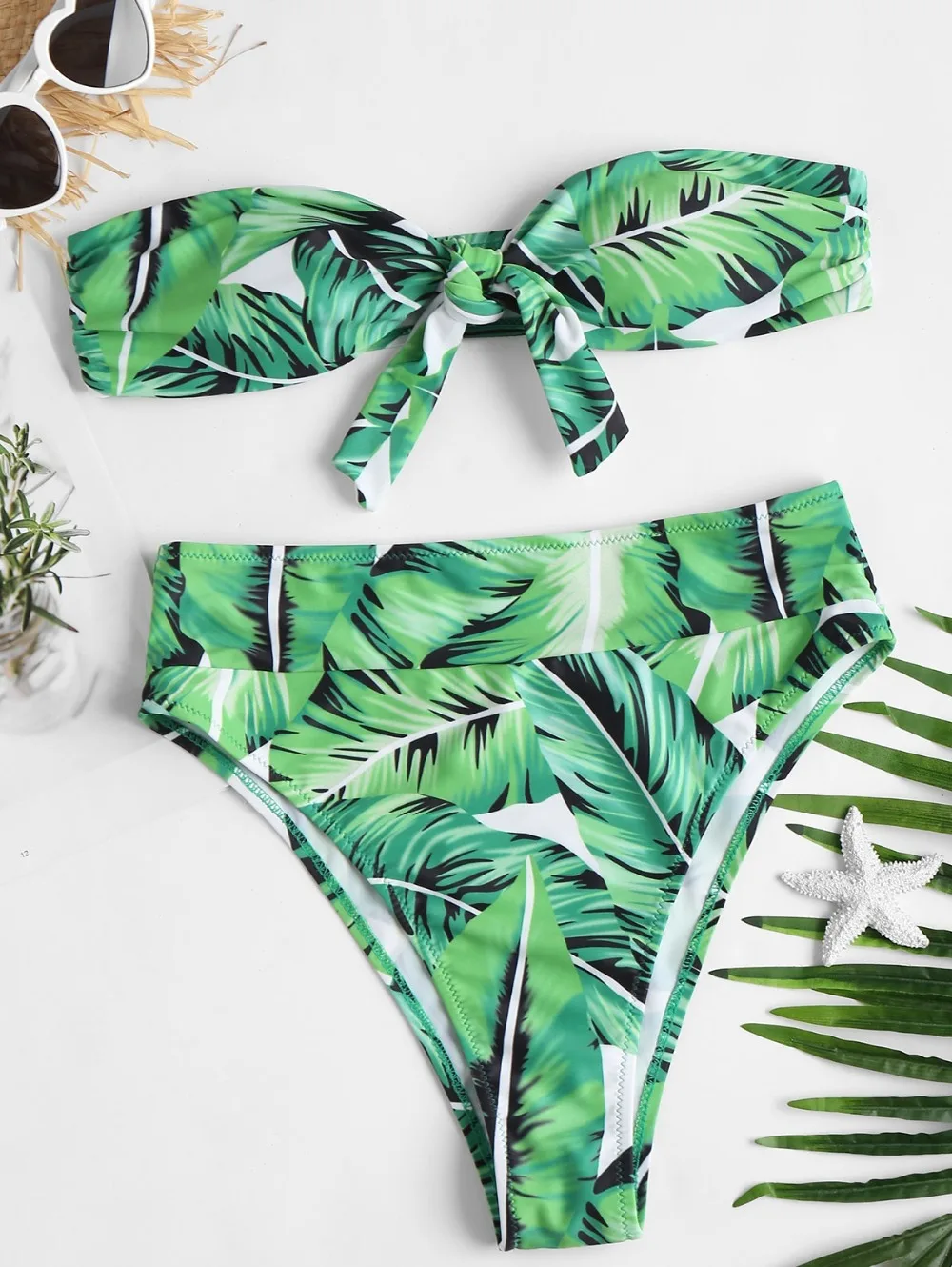 

2018 Women High Waist Padded Bikini Set Wire Free Spaghetti Straps Leaf Print Bikini Set Lady Swimsuit Beach Bath Swimwear