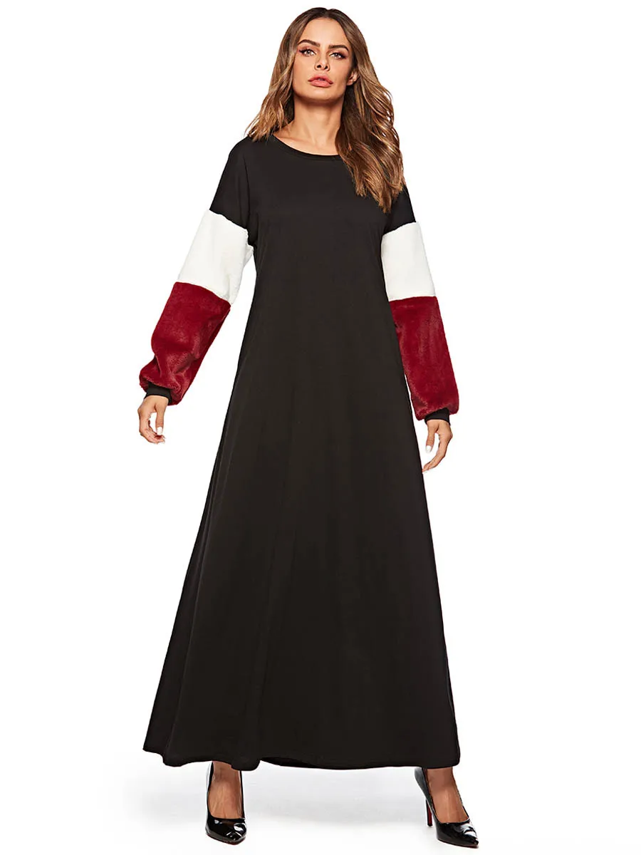 Повседневное Макси платье в полоску из искусственного меха, теплый халат, длинные халаты, мусульманская одежда