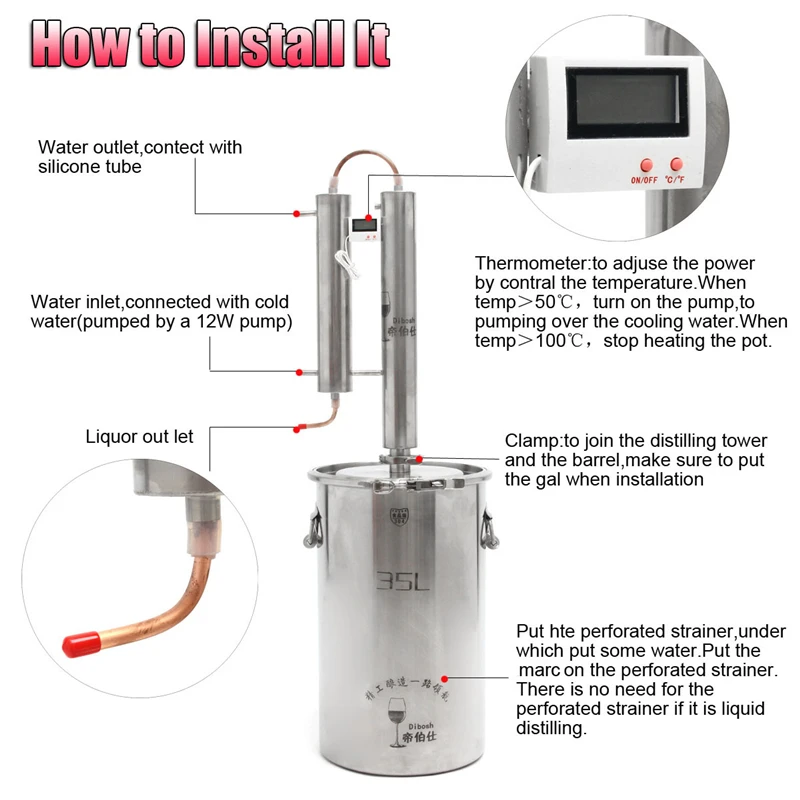  Efficient 12/20/35L Distiller Stainless Steel Moonshine Alcohol Wine Beer Water Brewing Boiler DIY  - 4000312360370
