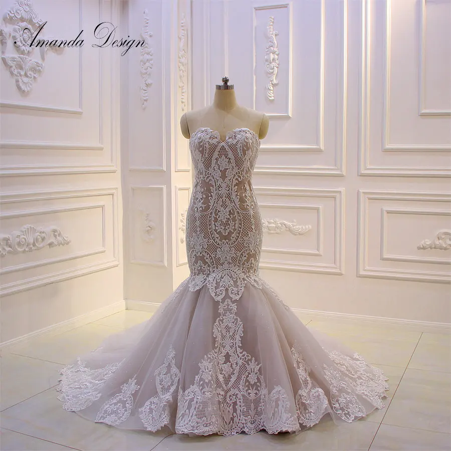 

Amanda Design hochzeitskleid Lace Appliques Mermaid Champagne Strapless Wedding Dress