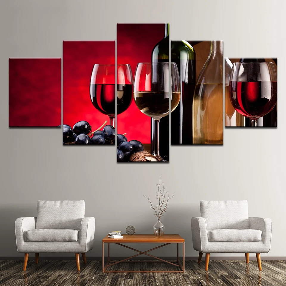 Red Wine Cellar Barrel Fruit Grape 5 Piece canvas Wall Art Print Home Decor 