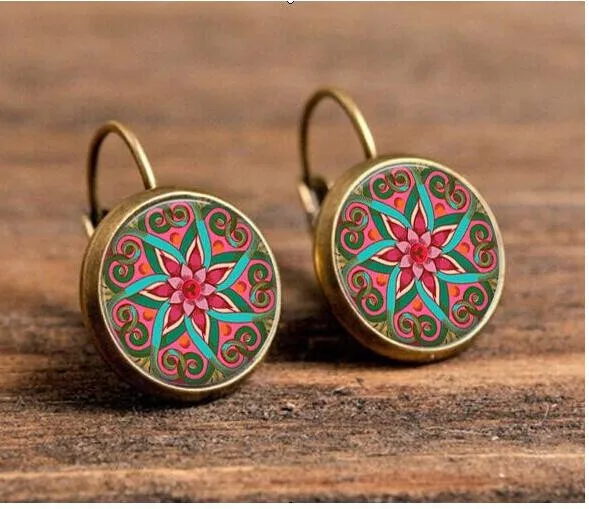 

SUTEYI Charm Glass Cabochon Mandala Lotus Earrings For Women Symbol Buddhism Zen yoga Henna Art Picture Stud Earring Jewelry