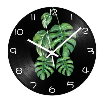 

Green Leaves Record CD Clock Silent Mechanism Shabby Chic Digital Wall Clock for Living Room Home Decor