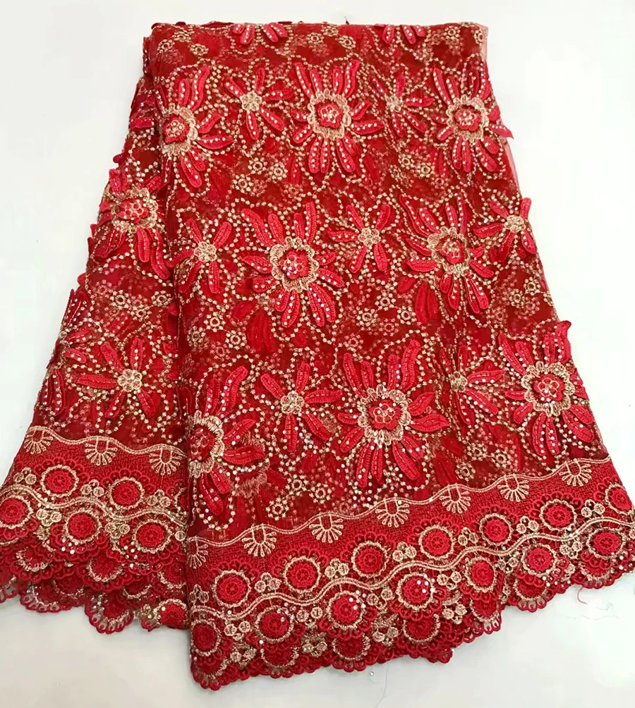 

red Nigerian Tulle Lace Fabrics 2018 Elegance African Lace Fabric High Quality French Mesh Lace Fabric With stone