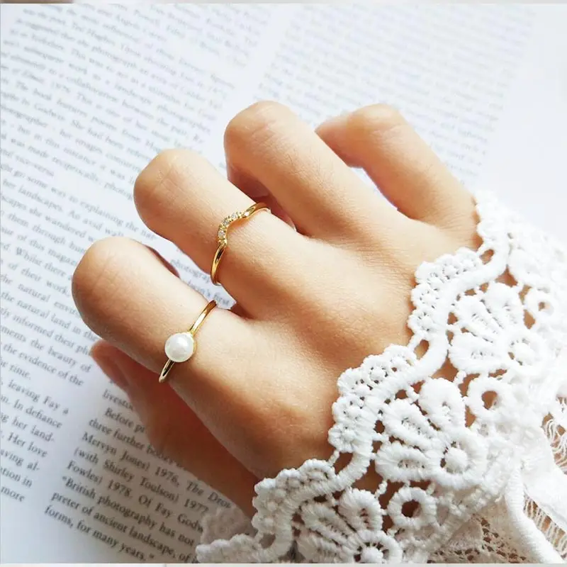

100% 925 silver pearl Bridal gold plated rings adjustable zircon rings for women fashion Jewelry easy matching party wedding