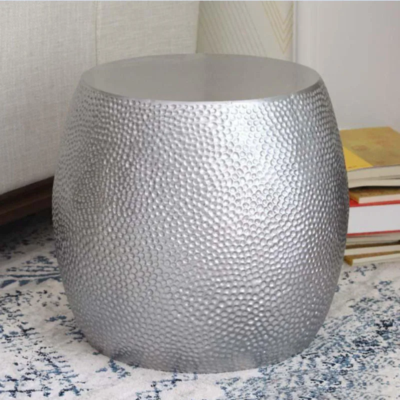Silver Color Fiberglass Coffee Table Living Room Art Round Drum End Table Modern Leisure Side Table