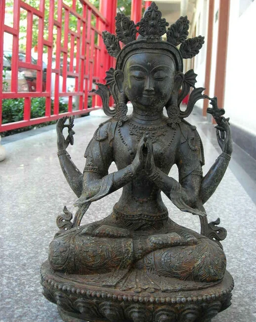 

004377 Tibet Temple bronze four hands Arm Kwan-Yin Guan Yin Bodhisattva Buddha Statue