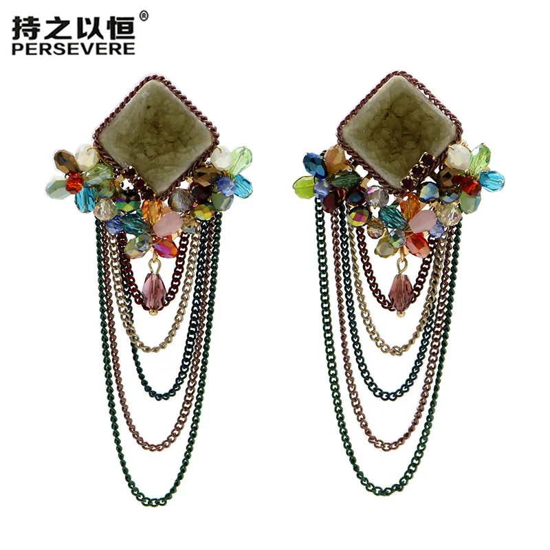 

4 Colors Multi-layer Chain Long Tassel Earrings Ceramics Crystal Geometric Statement Earrings For Women Boho Jewelry