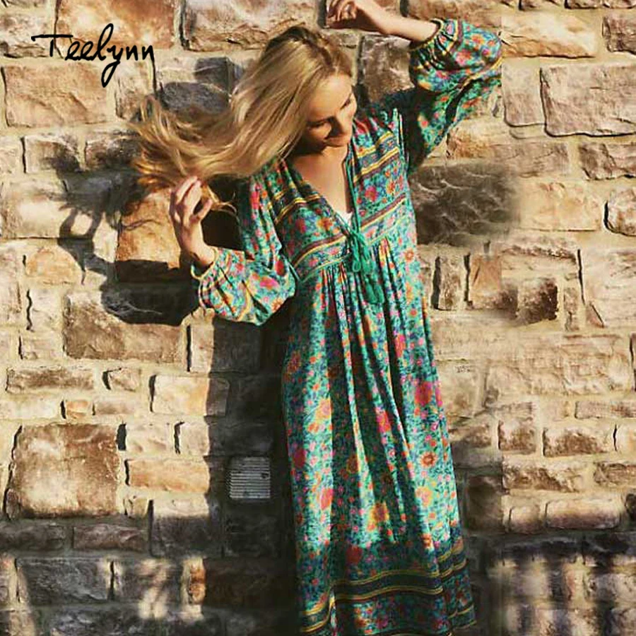 

TEELYNN Green floral print boho dress 2018 autumn rayon V-neck long sleeve tassel women dresses bohemia loose Hippie dresses