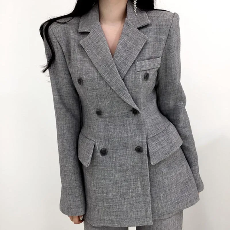 2019 Spring Gray Black Korean Women's Jacket Blazer Solid Double Breasted Coat Female Long Sleeve Office Blazers Women Outerwear