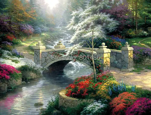 

Thomas Kinkade's Bridge of Hope Still water Art Oil Painting Prints on canvas for bedroom Office Wall art Decoration
