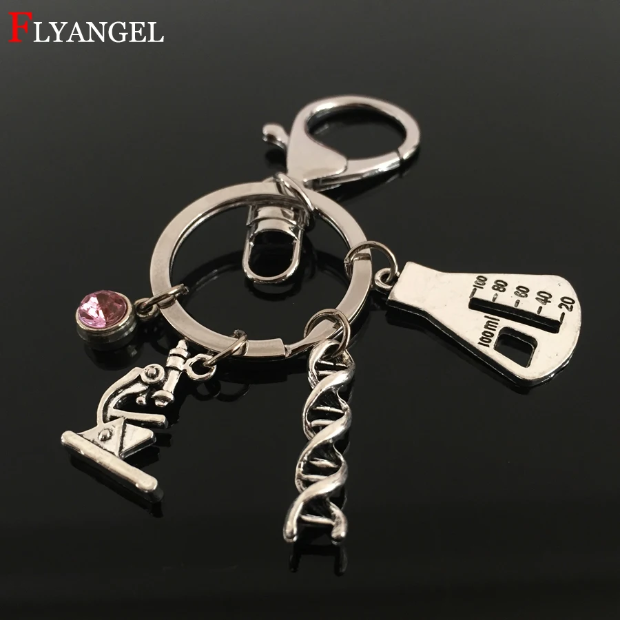 

Custom 12 Birthstone Crystal Biological Genetics Microscope Double Helix DNA Chemical Beaker Keychain For Women Men Gift Keyring