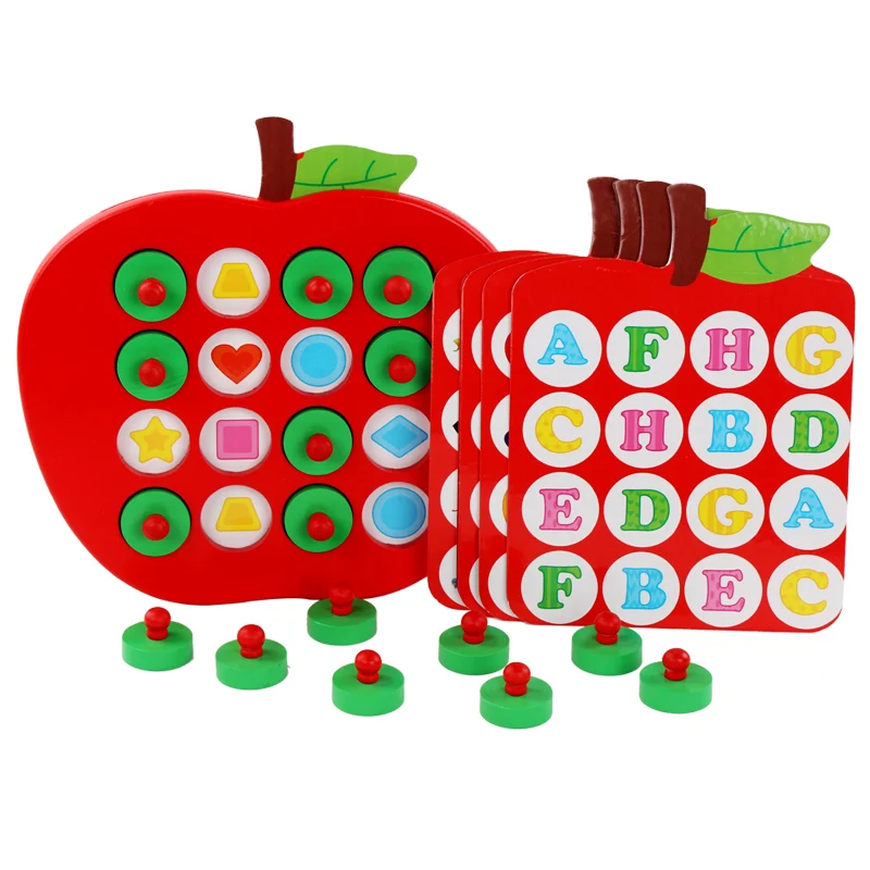 

Kids Wooden Memory Match Chess Game Red Apple Early Memory Game Chess with Cartoon Animals Fruits Digitals Shapes Reference Card