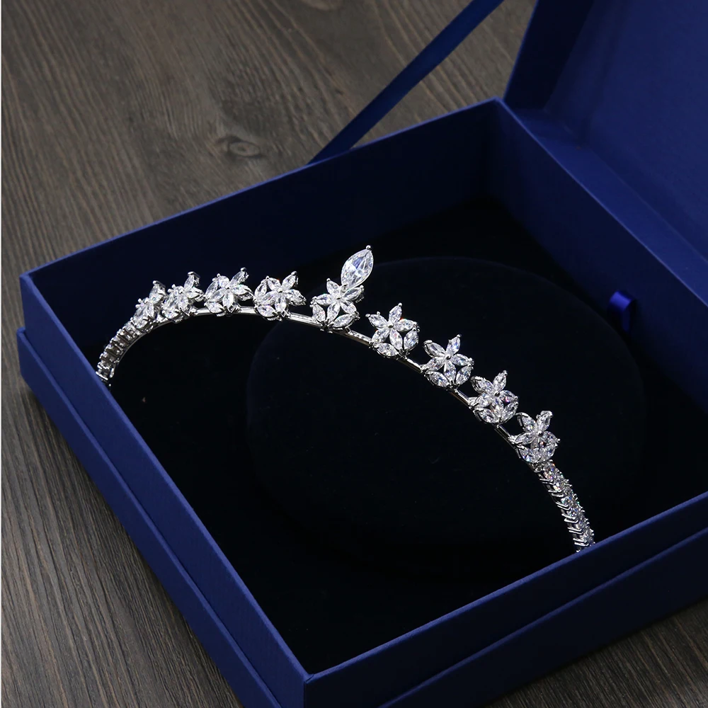 

Clear Full AAA Cubic Zriconia CZ Zircon Stone Flower Shape Brides Wedding Hairband Tiaras Prom Party Coronet Crown Hair Jewelry