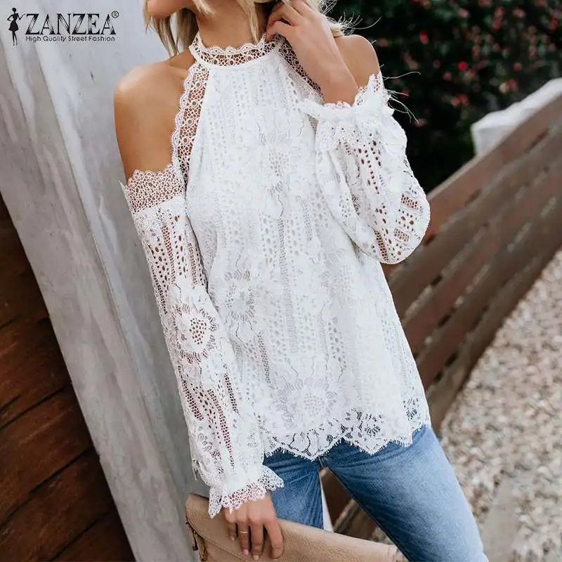 

Fashion ZANZEA Autumn Lace Crochet Blouse Long Sleeve Tops Casual Women Off Shoulder Hollow Out Solid Shirt Femininas Blusas