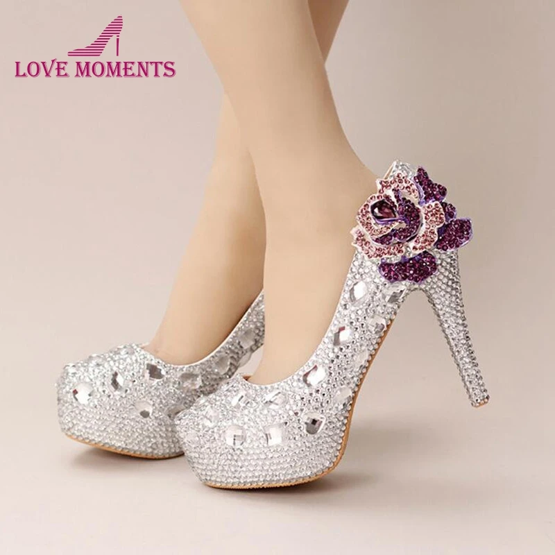 

Silver Crystal Wedding Shoes Handmade Small Rhinestone Platform Bridal Shoes with Purple Crystal Rose Party Prom Pumps Plus Size