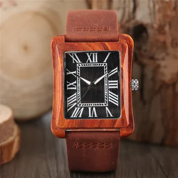 

High Quality Fashion Men Quartz Wristwatch Hand-made Wooden Design Rectangle Case Roman Number Dial Genuine Leather Band Gift