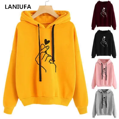 

Harajuku Casual Women Sweatshirt Hoody Ladies Oversize K Pop Yellow Pink Love Heart Finger Hood Casual Hoodies Sweatshirt Women