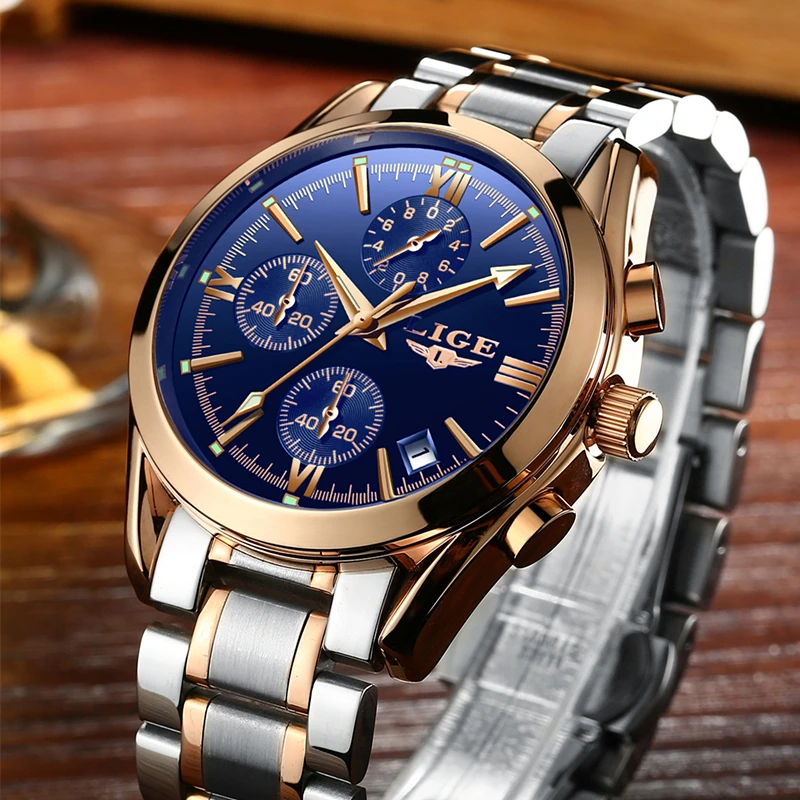 LIGE Brand Luxury Watch Fashion Quartz Sport Watches Men Full Steel Military Clock Waterproof Gold Watch men's Relogio Masculino