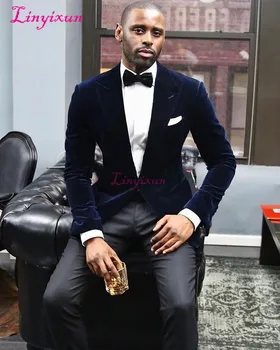 

Linyixun Costume Homme 2018 New Designer Navy Blue Jacket Black Pant Smoking Masculino Slim Fit Wedding Groom Suits Men Velvet