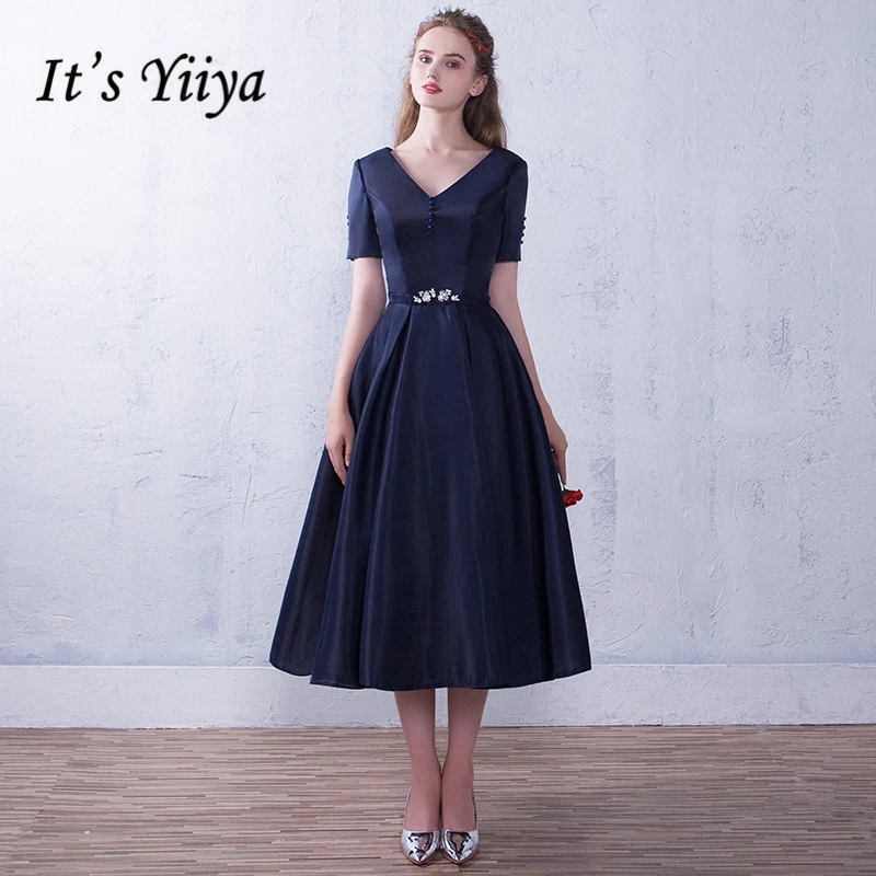 

It's Yiiya Evening Dresses Bling Crystal V-Neck Short Sleeve Lace Up Fashion Designer 2018 Formal Dress for Party LX757