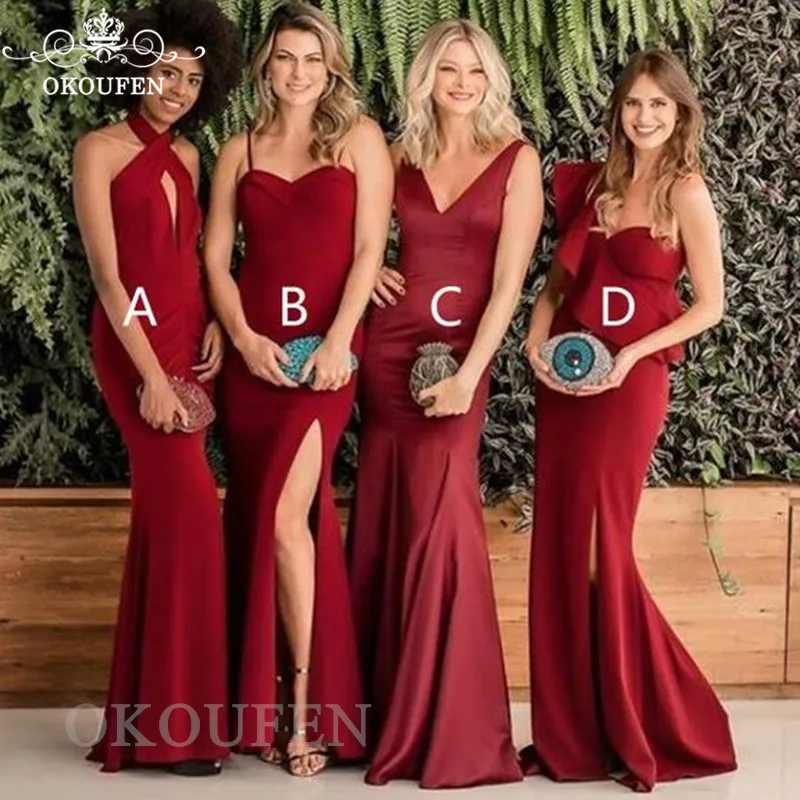 

Wholesale Pirce Red 4 Style Mermaid Bridesmaid Dresses For Women 2019 Side Split Cheap Under 100 Long Party Dress Maid Of Honor