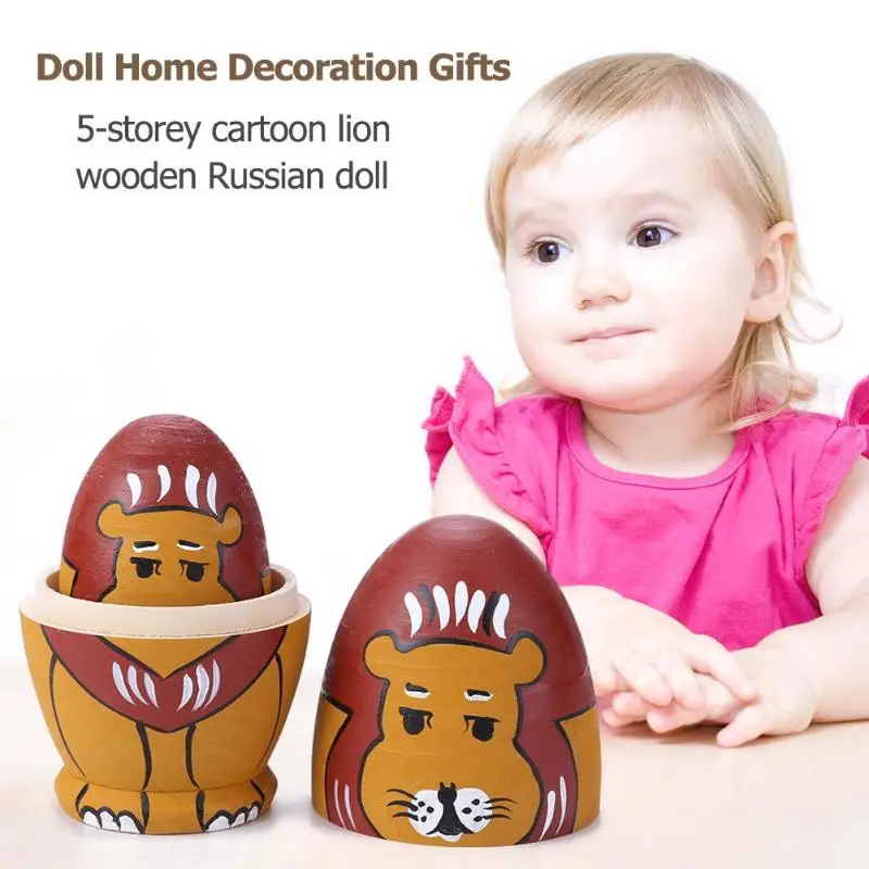 

5pcs Basswood Russian Matryoshka Dolls Lion Nesting Dolls Ornament Gifts Traditional Feature Ethnic Style Dolls