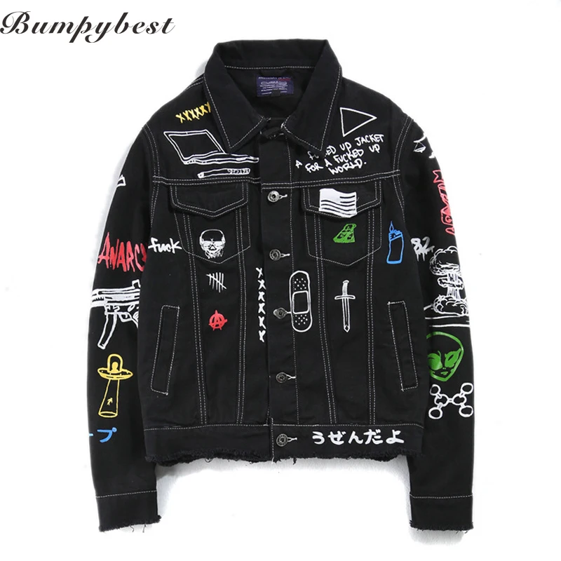 

2017 Jeans Jacket Men Women Streets DOODLE Denim Coat Male Motorbike Jean Coat Jackets Asian Size