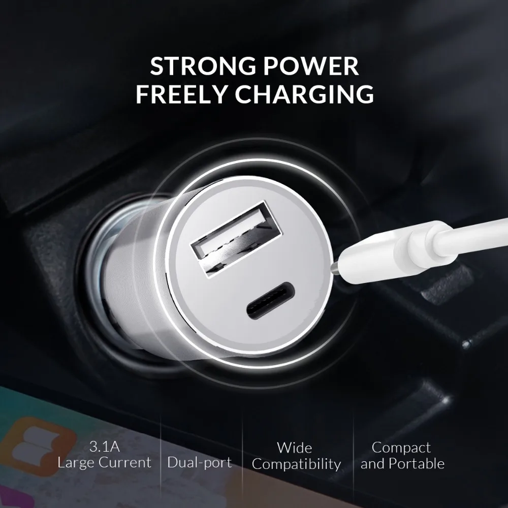 ORICO Dual Output Car Charging Type C Port + USB Charger Car Cigarette Lighter Charger Wide Voltage Mobile Phone Charger (3)
