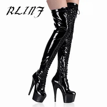 

2018 New Taste Nightclub Black Patent Leather Temptation Over The Knee Boots 15cm High with Waterproof Platform