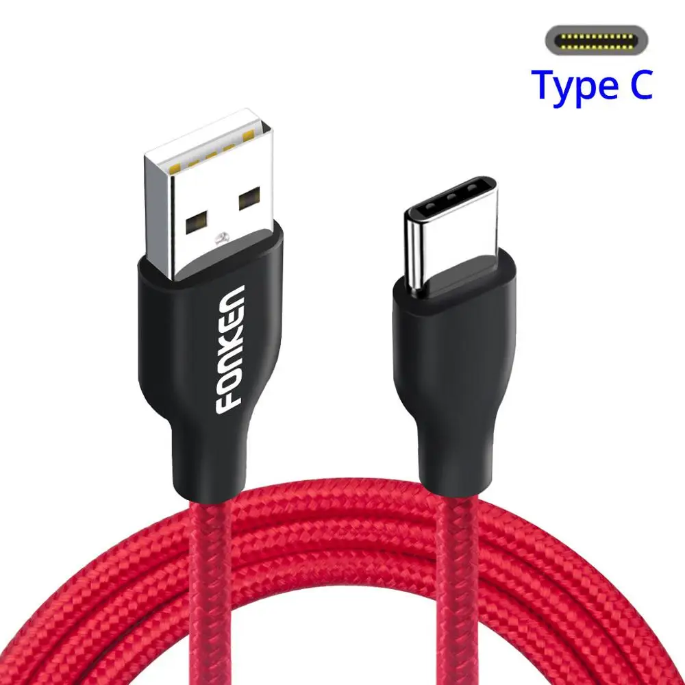 Кабель FONKEN usb type-C с нейлоновой оплеткой USB C кабель для зарядки 1 м быстрое зарядное устройство type-C зарядный шнур Макс. 2,4 А кабели для мобильных телефонов - Цвет: 1m Red USB C Cable