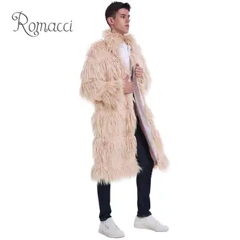 

Men Jacket fluffy Faux Fur Solid Color Turn Down Collar Long Sleeve Knee Length Warm Autumn Winter Casual Coat