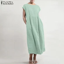 ZANZEA льняное платье миди женский летний сарафан Модная рубашка с коротким рукавом Vestido элегантные женские плиссированные вечерние платья с круглым вырезом