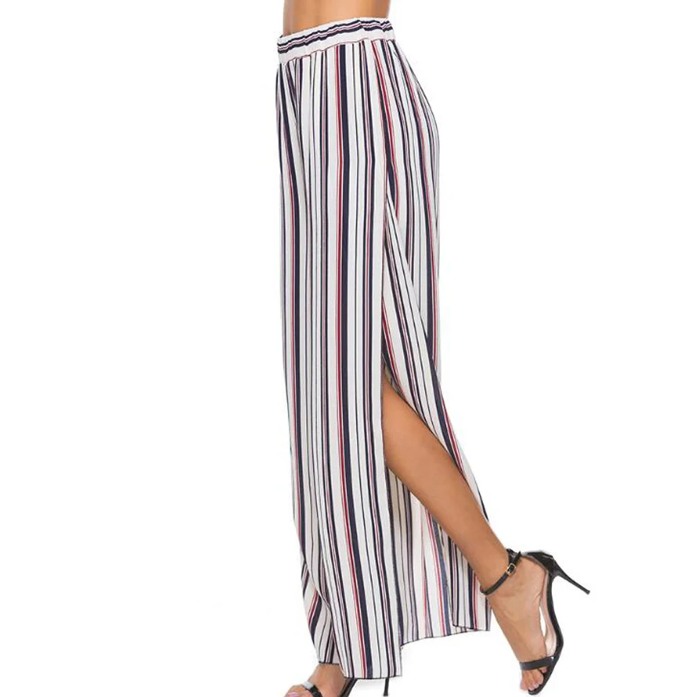 Sexy See Through Women Pants Striped Print High Waist Summer Trousers Loose Split Casual Chiffon Boho Beach Wide Leg Pants|Брюки |