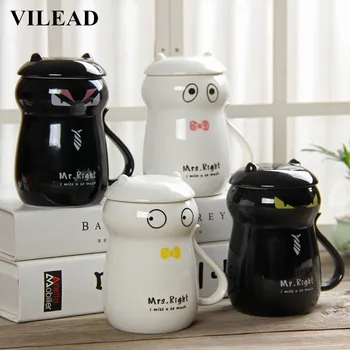 

VILEAD Novelty Gifts Creative Cartoon Ceramic Coffee Cup Cat Lovers Couple Milk Tea Drink Porcelain Office Water Cup with Lid