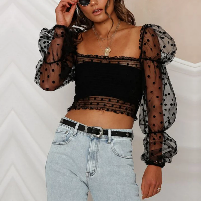 

New 2019 Sexy Sheer Mesh Top Summer Vintage Square Neck Dotted Cropped Top Puff Sleeve T Shirt Black White Shirred Bodice Top