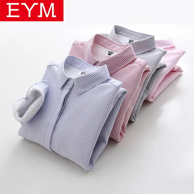 

2018 New Winter Oxford Warm Shirt Women Plus Velvet Thicken Long Sleeve Striped Shirt Style Coat Casual Women's Tops Outerwear