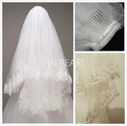 Two Layer Short Wedding Veil with Comb with Lace Appliques and Sequins Bride Veil Voile Mariage Wedding Accessories 85cm